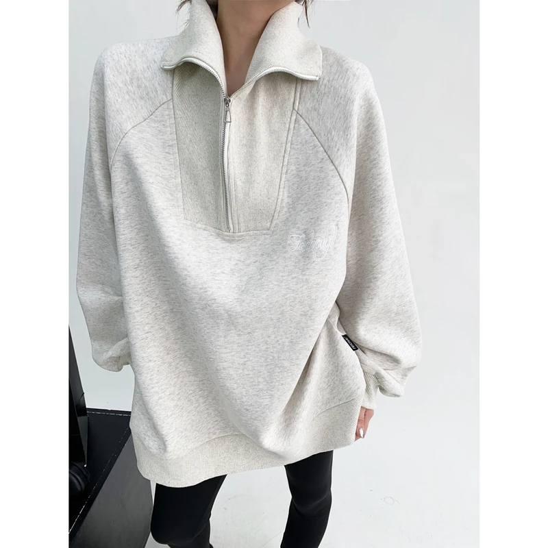 Womens Clothing Vintage Street Sweatshirt Ins Pullover Polo Collar Long Sleeves Casual Warm Oversize Baggy Ladies Tops Autumn