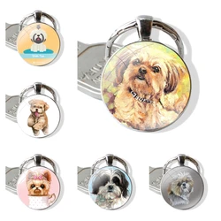 lovely Shih Tzu puppy dogs Glass Metal Pendant Key Chain Classic Men Women Key Ring Accessories Jewelry Gifts