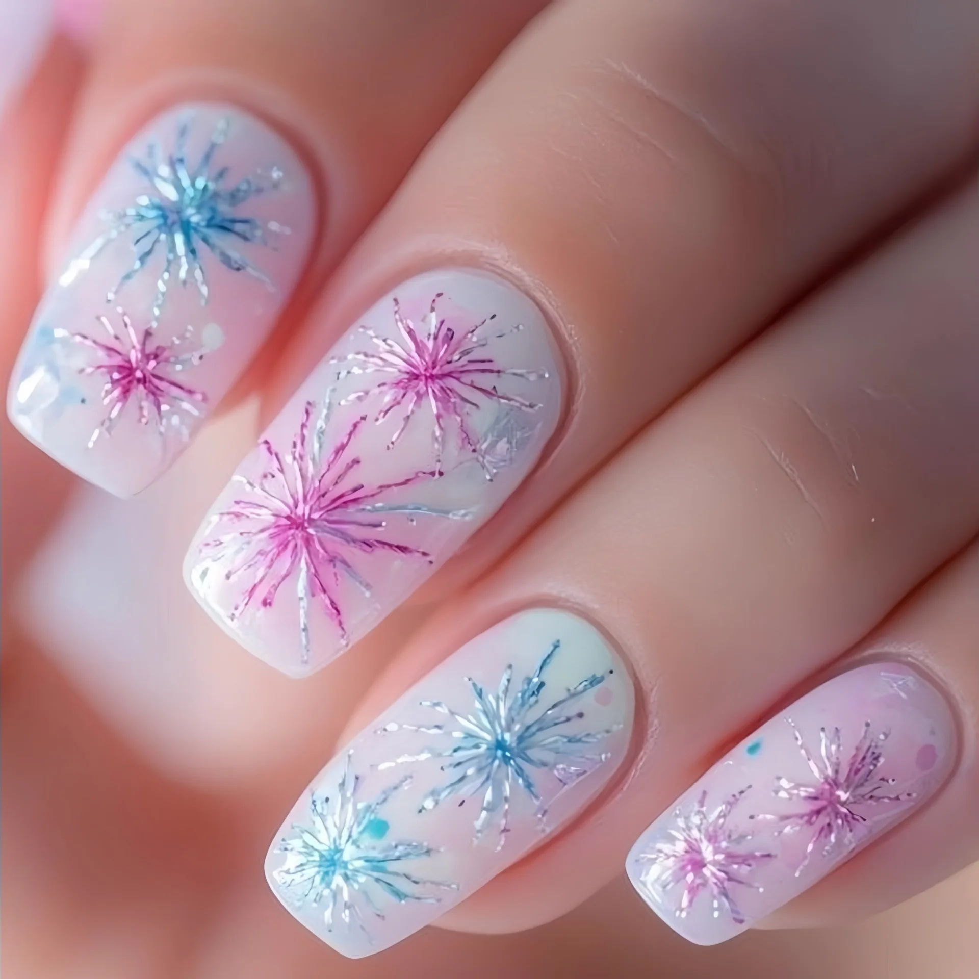 Medium Square fake nails for women girls gradient pink purple blue firework design for New year french tips press on false nail