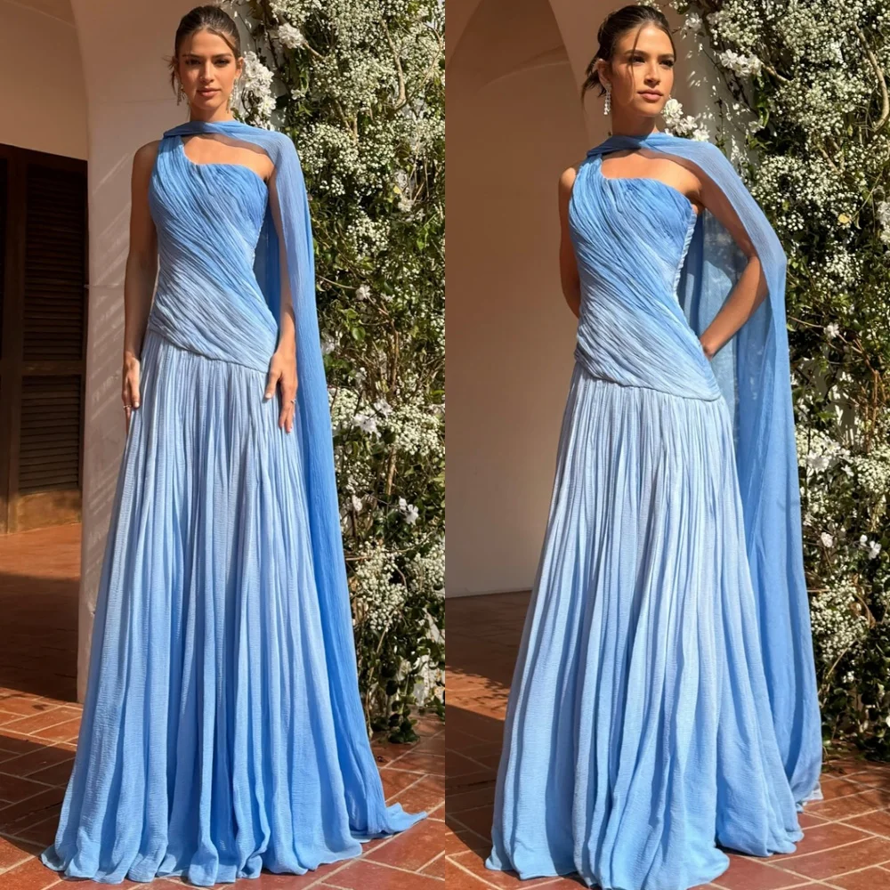 

Мягкое синее шифоновое вечернее платье по индивидуальному заказу, современные платья без бретелек без рукавов для выпускного вечера, платья со шлейфом для особых случаев