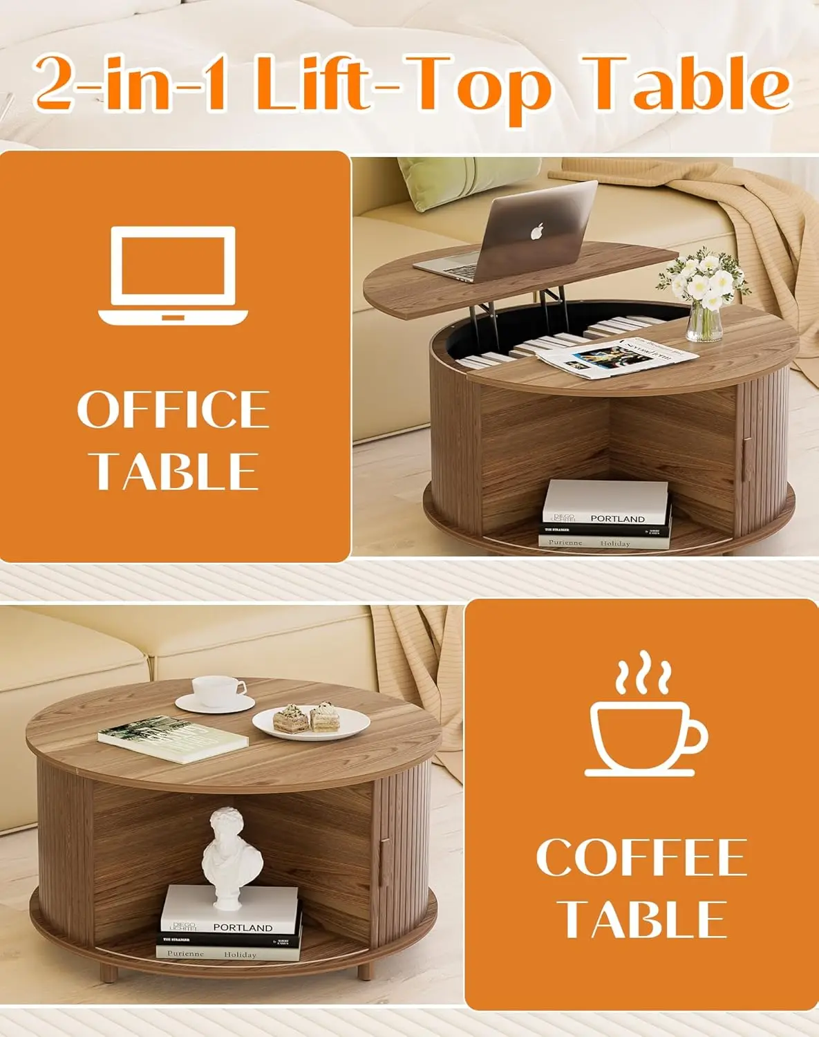 Round Lift Top Coffee Table with Storage, Mid Century Modern Center Table with 180° Sliding Tambour Door, Small Circle Wood Flut