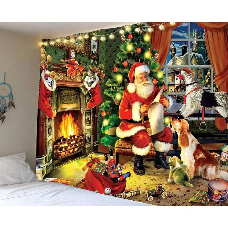 VIKAMA Christmas Tapestry Santa Claus Cat Dog Fireplace Wall Hanging for Living Room Xmas Home Decor Aesthetic Wall Art Holiday