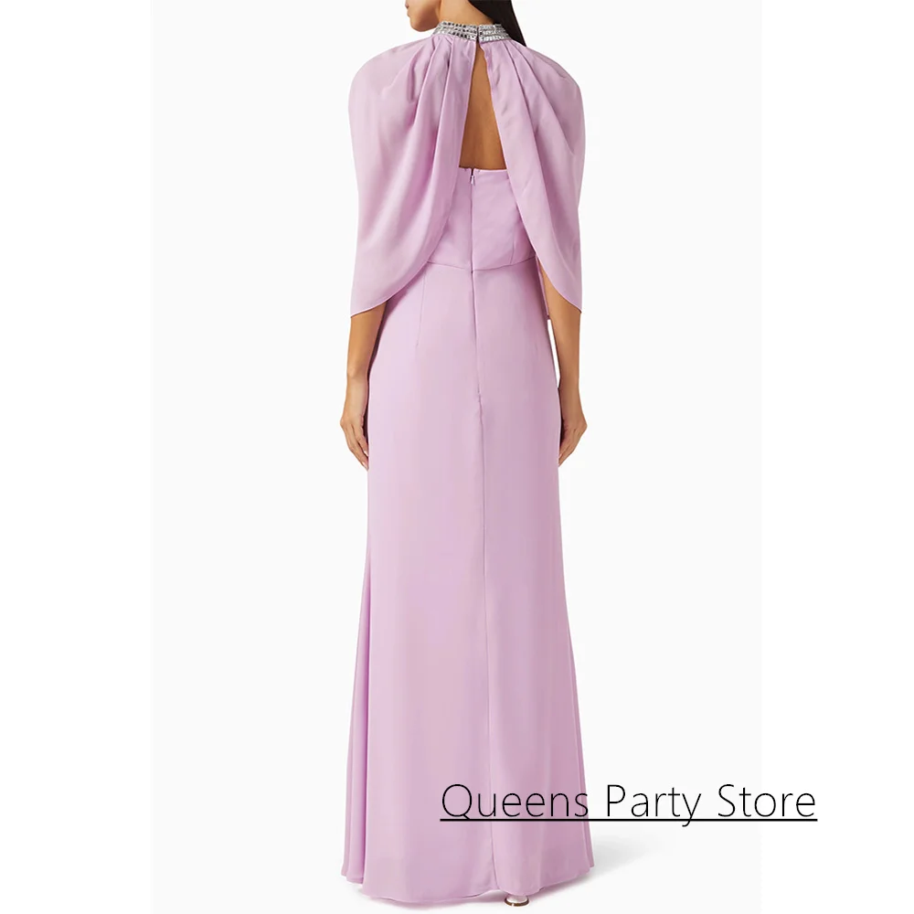 Simple Chiffon Evening Dress with Cape Customized Strapless Sleeveless Crystal Ankle Length Saudi Arabian Prom Dresses