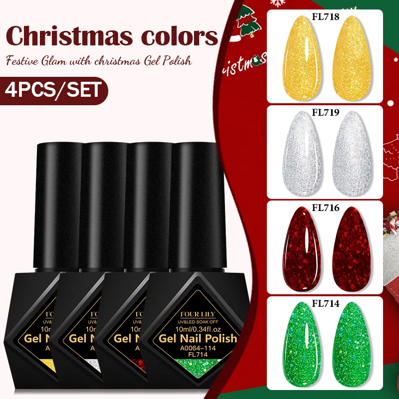 

4Pcs 10ml Christmas Colors Nail Gel Polish Set TPO HEMA Free Quick Dry Easy to Apply Semi Permanent Nail Art for DIY Home Salon