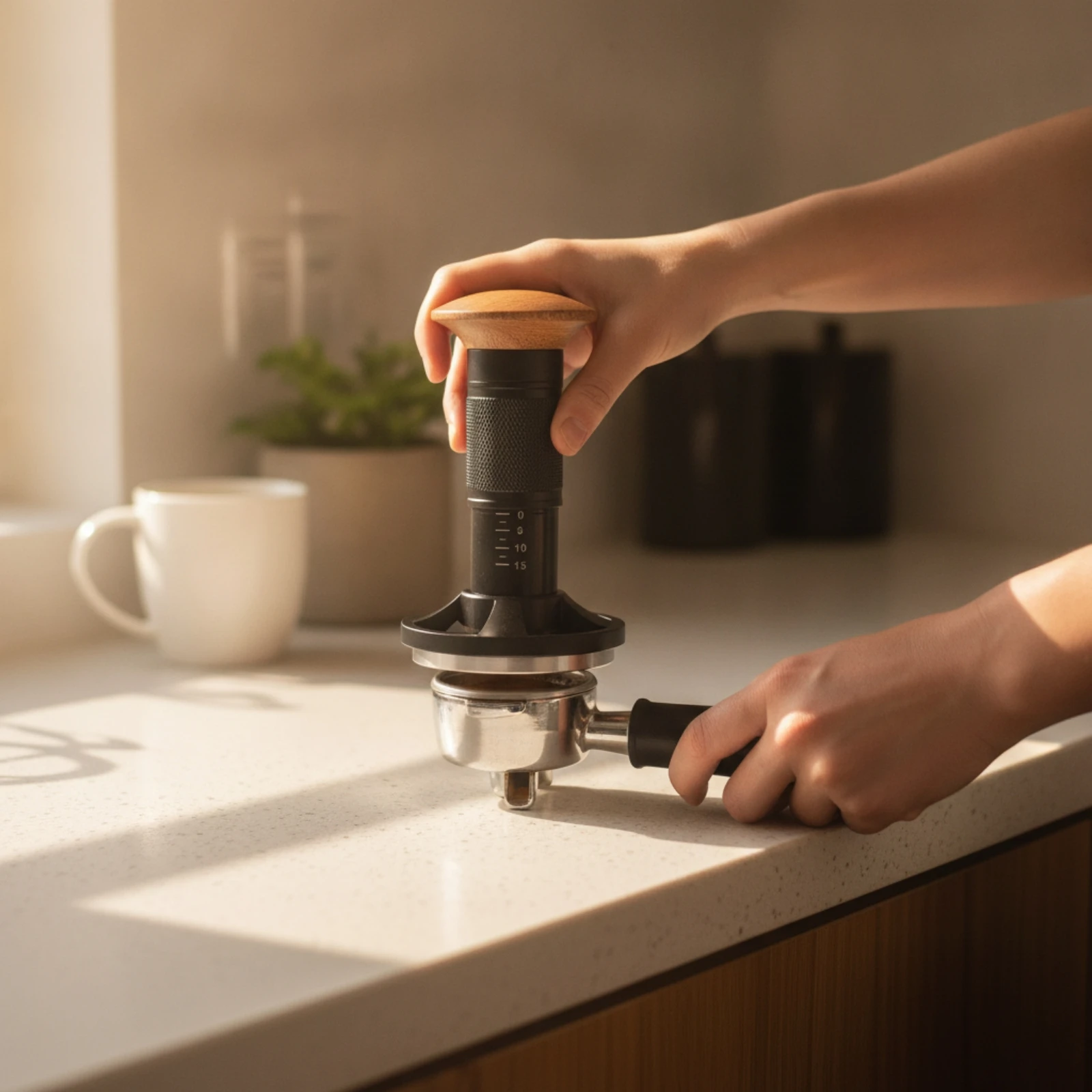 Spring-Loaded Espresso Tamper Consistent Pressure Espresso Tamper with Wooden Handle Food-Safe Long-Lasting for Baristas, Cafes