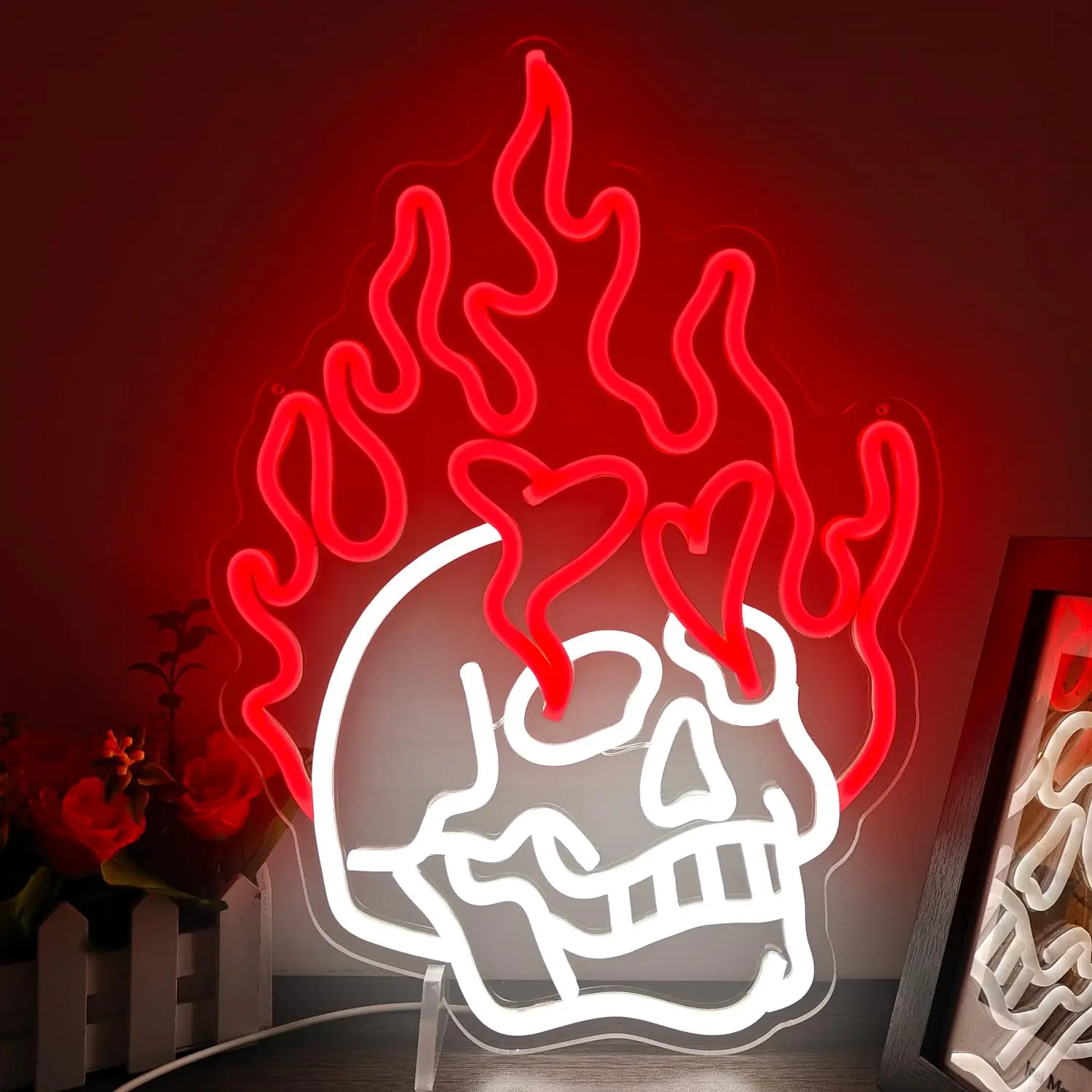 Fire Skull Neon Sign Customizable Red White LED Light with Hearts for Halloween Party Bar Bedroom Man Cave Decor USB Powered