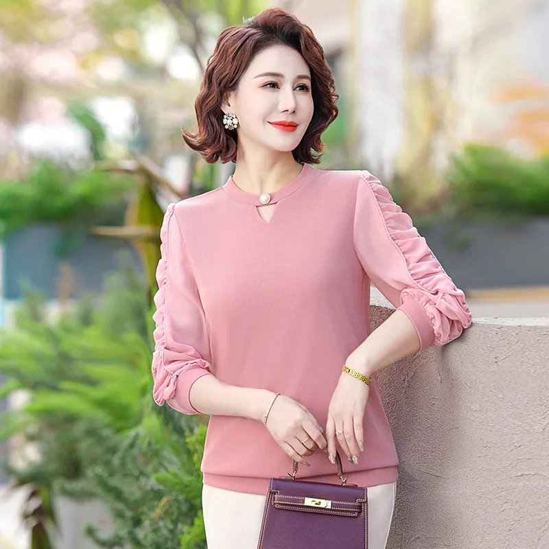 Chic Spliced Blouse Vintage Solid Color Spring Autumn Casual Round Neck Commute Long Sleeve Shir Women's Clothing