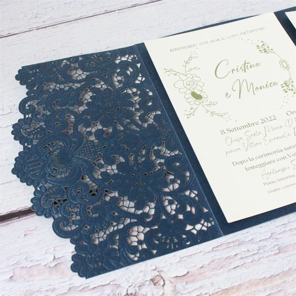 Embossing Navy Blue Wedding Invitation Cards With Envelopes Elegant Flower Pocket 250gsm Custom Invite Maker 50 Sets