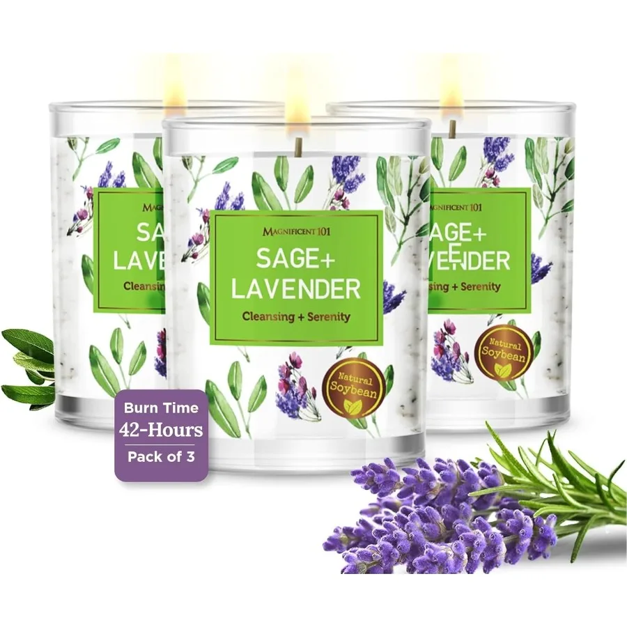 Soy Candle Set of 3 Pure Sage Lavender 3.5 oz Glass Jars 42Hour Burn Natural Aromatherapy Candles for Energy Cleansing Meditati