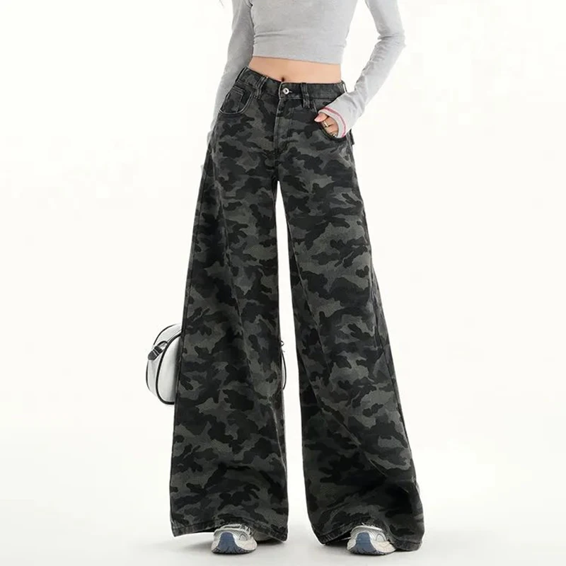 Damesmode camouflage jeans met rechte pijpen meisjes hoge taille baggy cargobroek dame streetwear comfortabele denimbroek