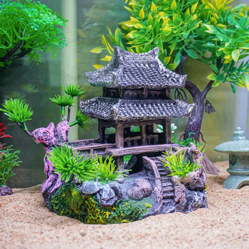 Wholesale custom resin simulation Jiangnan hut miniature garden ancient building aquarium fish tank decoration accessories