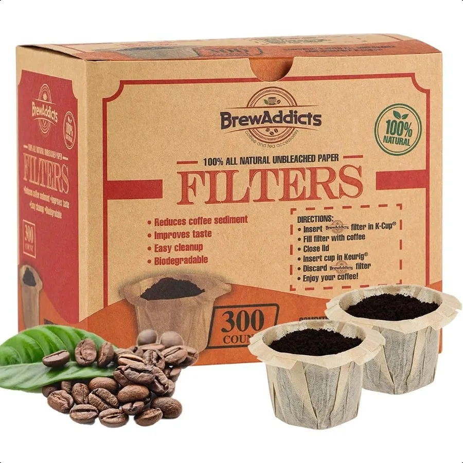 

300 Paper Coffee SingleUse Filters Brown AllNatural Unbleached for Keurig Brewers and Compatible with KCup Pods 1.0 2.0 Models