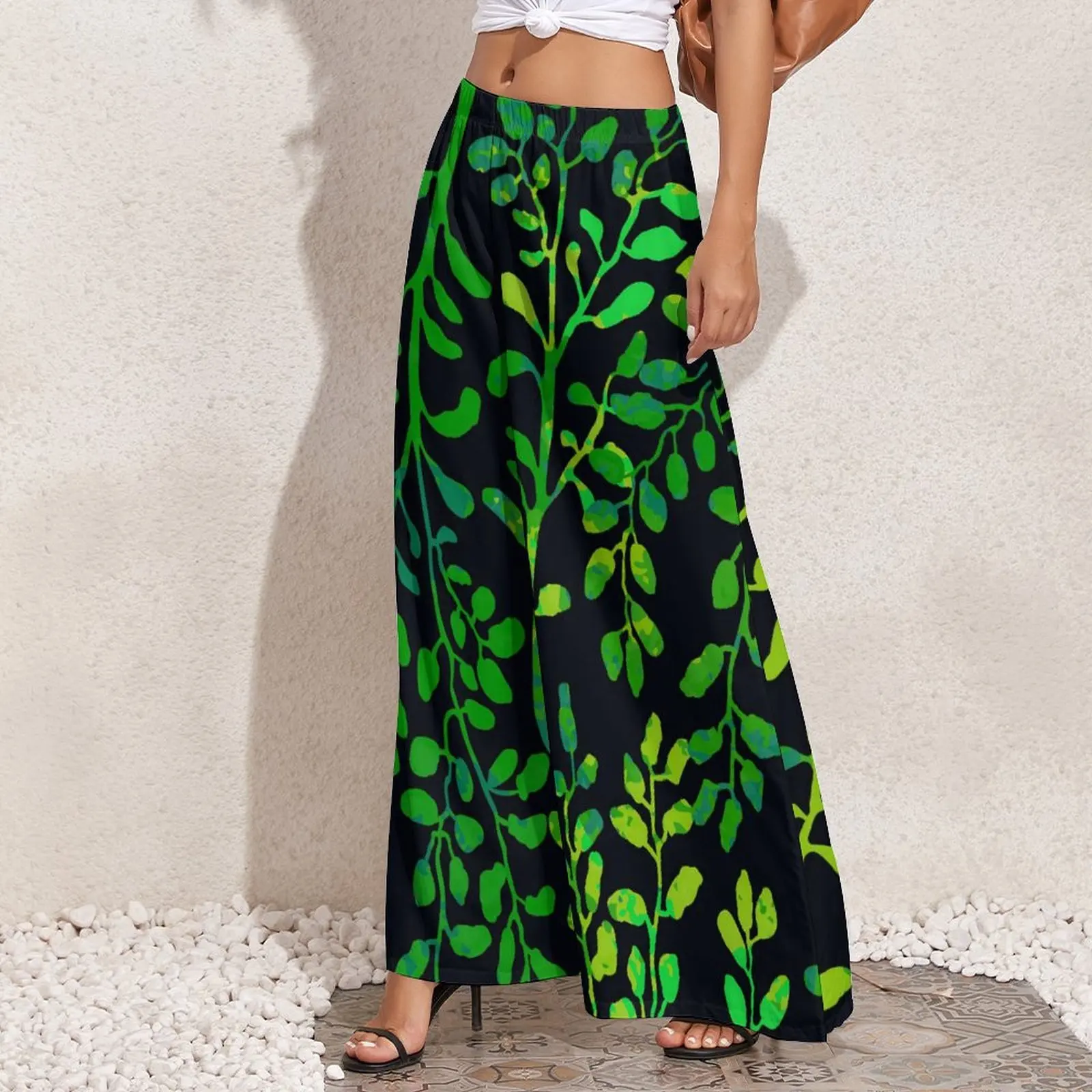 Green Leaf Pants Foliage And Plants Streetwear Straight Wide Pants Elastic High Waist Office Trousers Big Size