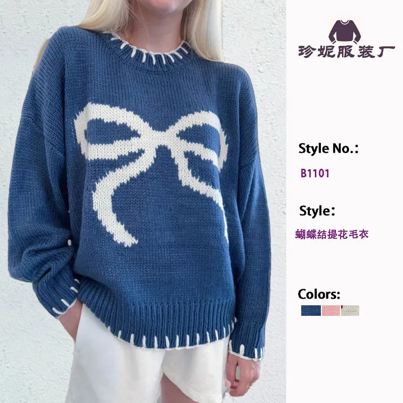 Sweet Loose Spliced Bowknot Sweater for Women O Neck Long Sleeve Bright Line Design Casual Pullovers Female Autumn