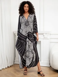 Szykowne srebrne nadruk Plus Size z dekoltem w szpic Kaftan Batwing przytulna miękka sukienka damska letnia seksowna odzież plażowa narzuta na kostium kąpielowy Q1289