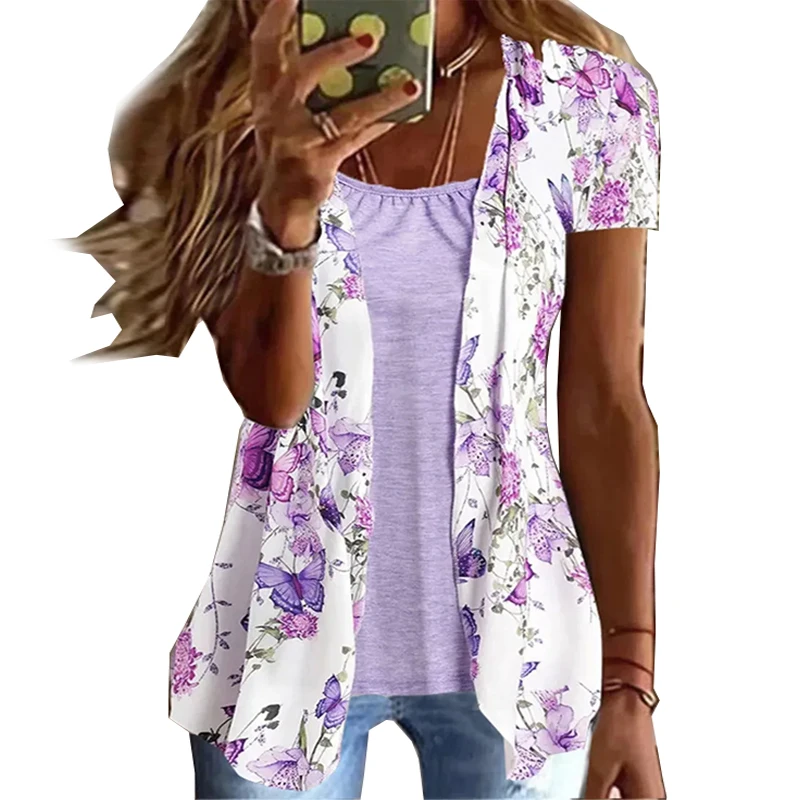 

Женская одежда больших размеров, топы с короткими рукавами и круглым вырезом с цветочным принтомNyfairy