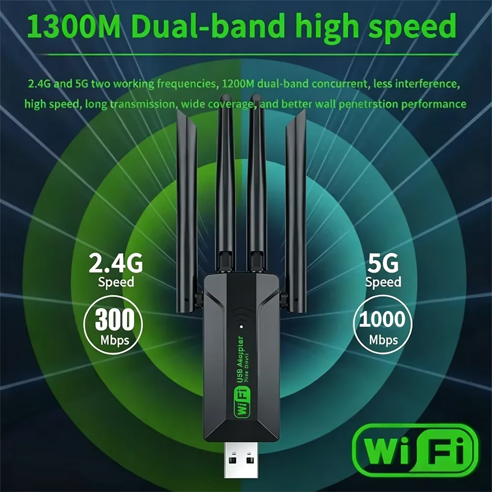 KEBIDUMEI 1300Mbps USB 3.0 WiFi Adapter Network Card Dual Band 2.4G/5GHz USB Wireless Receiver Transmitter For Desktop Laptop PC