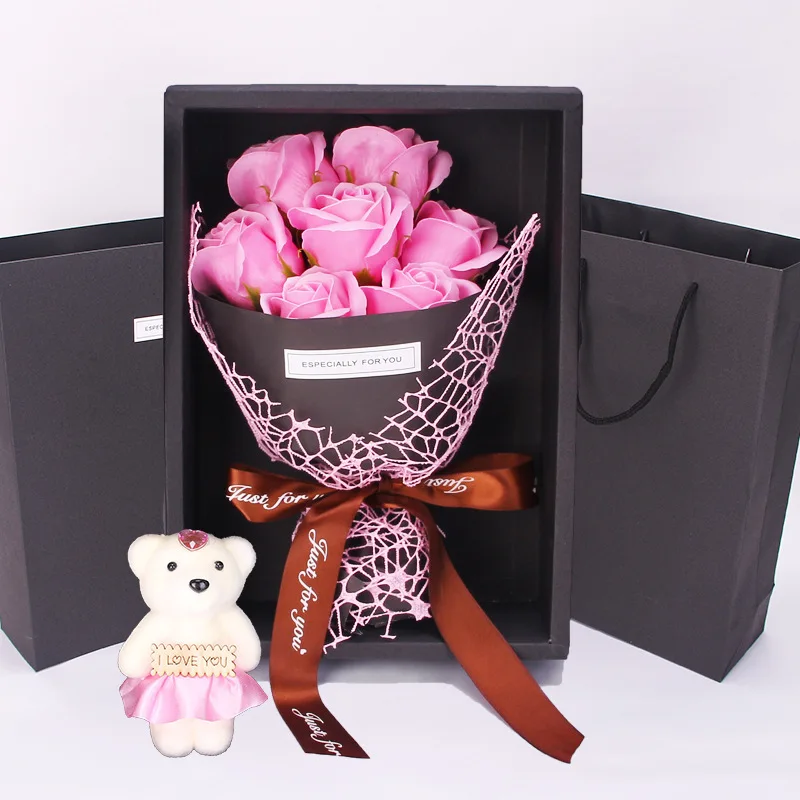 7 Heads Artificial Rose Bouquet Handmade Rose Soap Bouquet Little Bear Gift Box Valentine's Day Mother's Day Birthday Party Gif