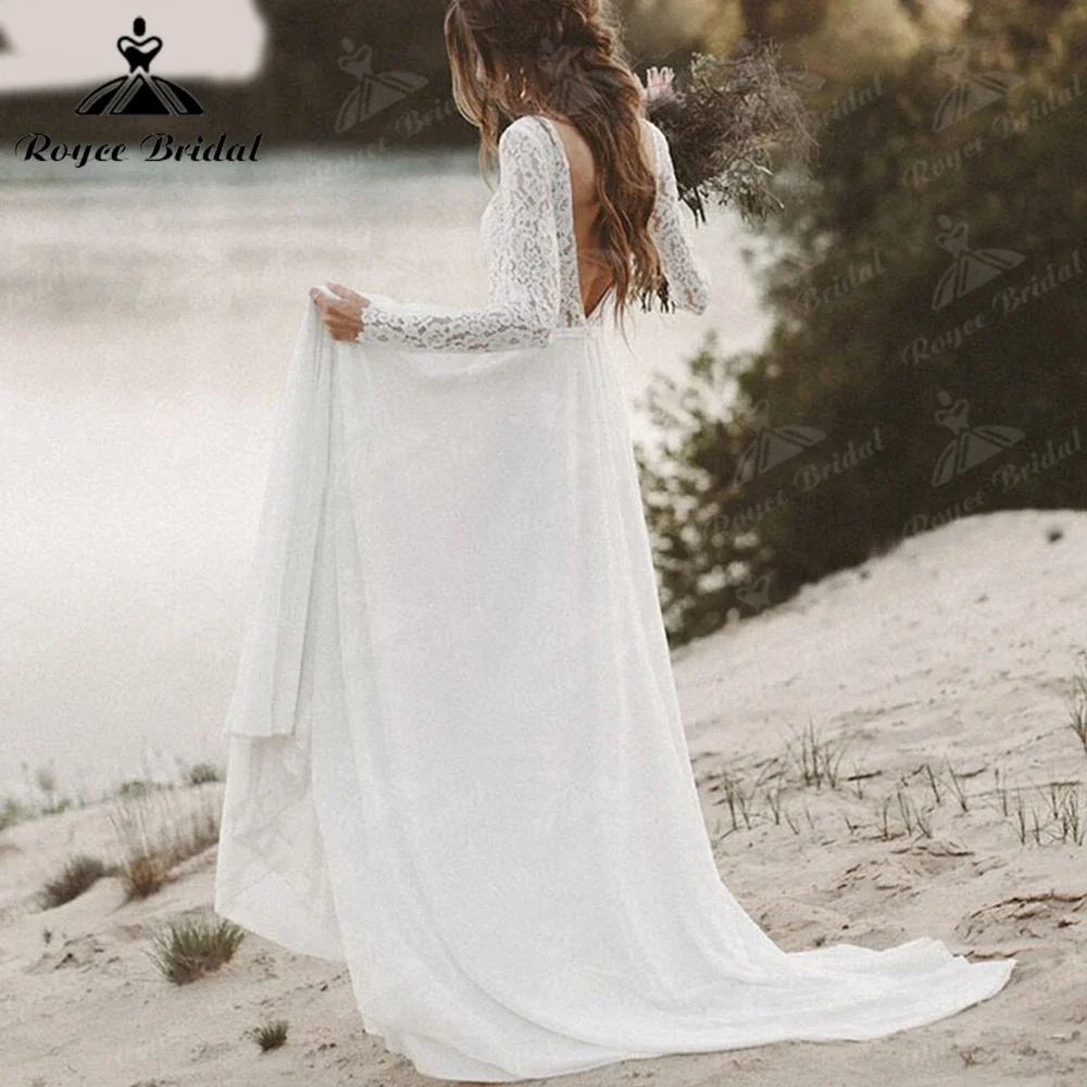 Roycebridal Long Sleeves Lace Chiffon Beach Boho Wedding Dresses for Women V Neck Open Back Bohemian Bridal Dress vestidos