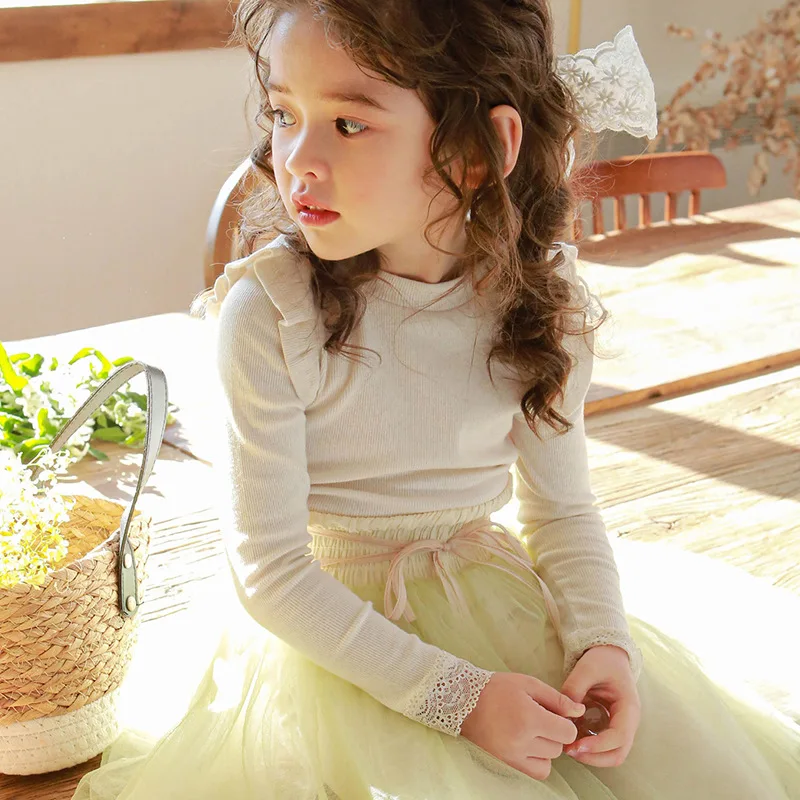 Children Clothing Girls T Shirt Spring Autumn 2024 New Fashionable Korean Style Girls Korean Style Lace Long Sleeve T Shirt