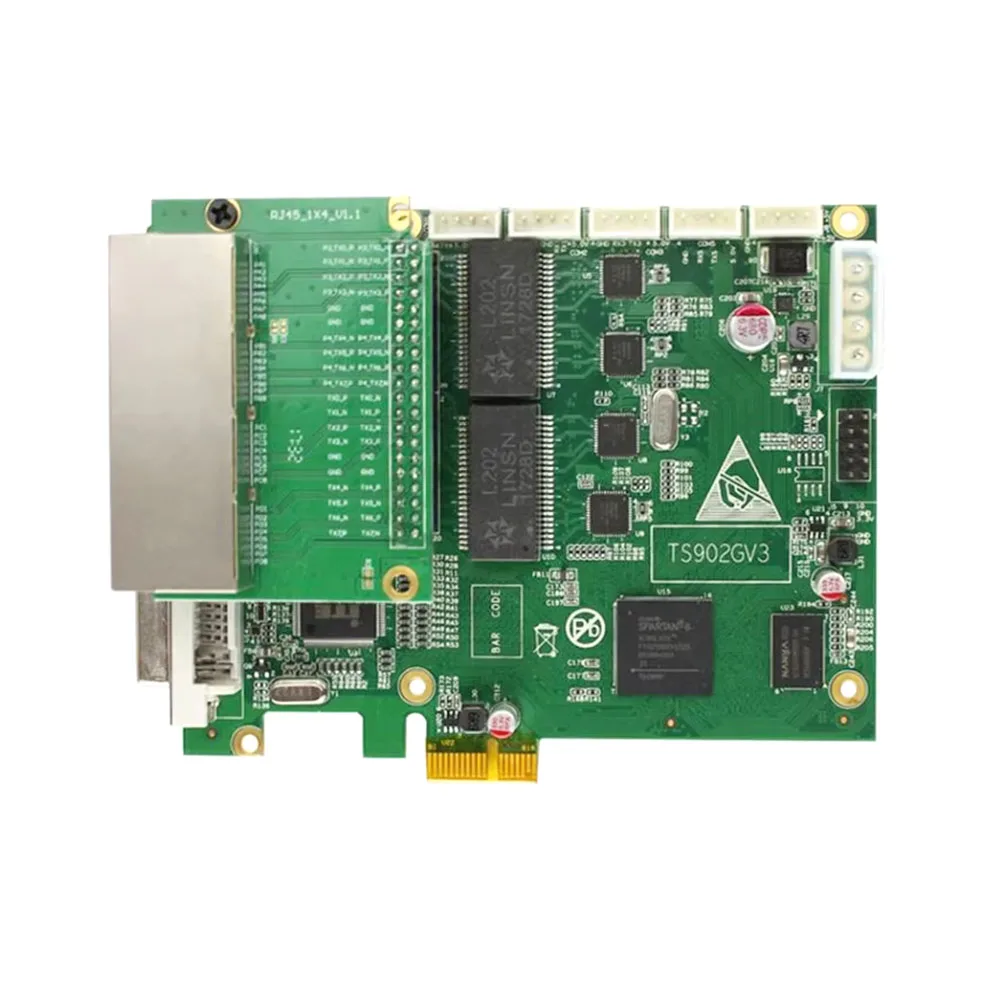 

Linsn TS902 transmitter card, with 4 network ports, capable of carrying 2.6 million pixels and 8 sets of RCG