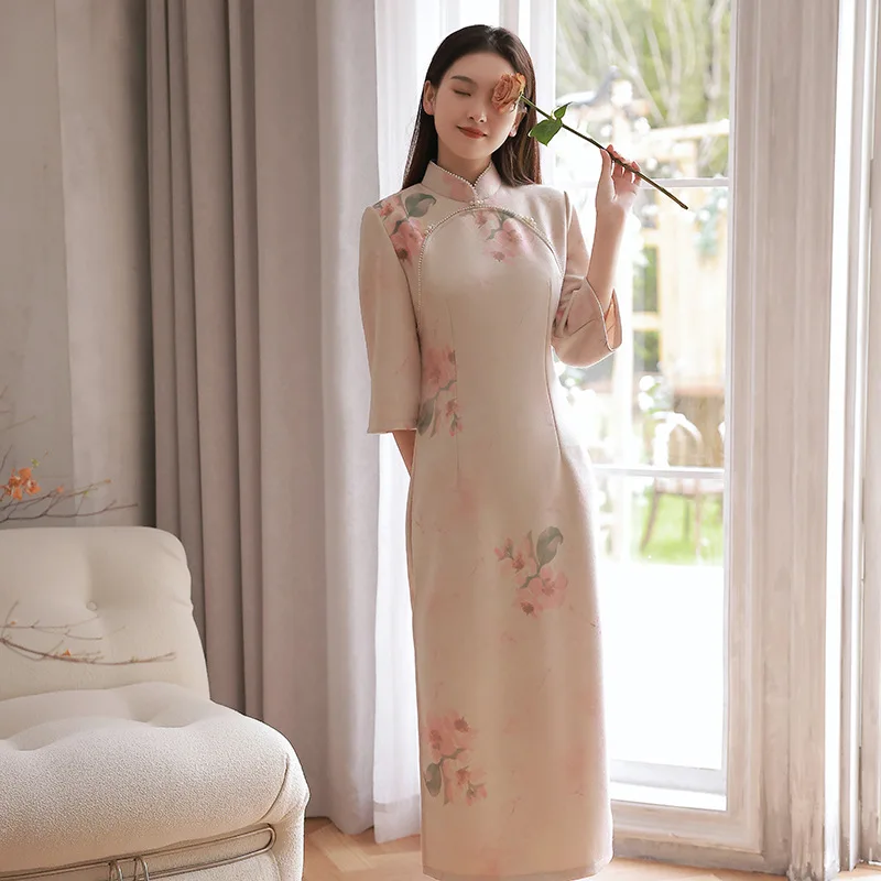 

Gentle Style Fashion Pink Suede Cheongsam Women Vintage Dress Party Costumes Slim Ethnic Improved Long Dress S To 2XL