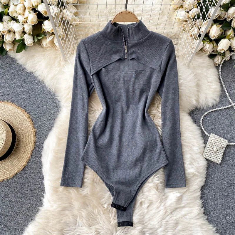 

Female Jumpsuits Bodycon Bodysuit Women Stand Collar Sexy T-shirts Hollow Out Design Long Sleeve Tight Clothes for Women Rompers