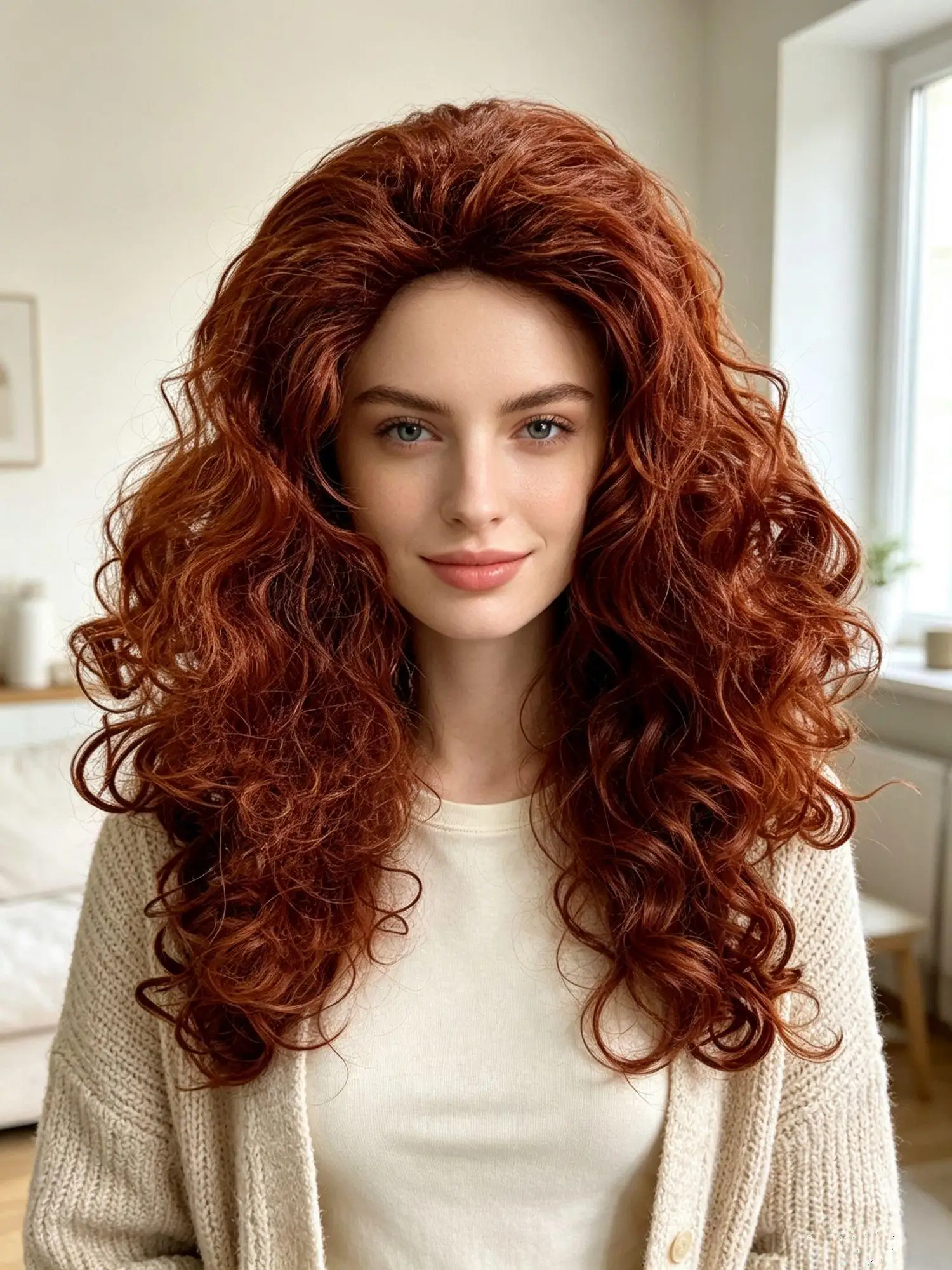 Peluca Larga y Rizada de Fibra Sintética Premium Rojo Marrón con Ondas Grandes, Voluminosa y Gruesa, con Raya Resistente al Calor y Gorra Ajustable para Mujeres y Niñas, Ideal para Cosplay, Fiestas, Disfraces de Halloween, Representaciones Teatrales y Uso Diario.