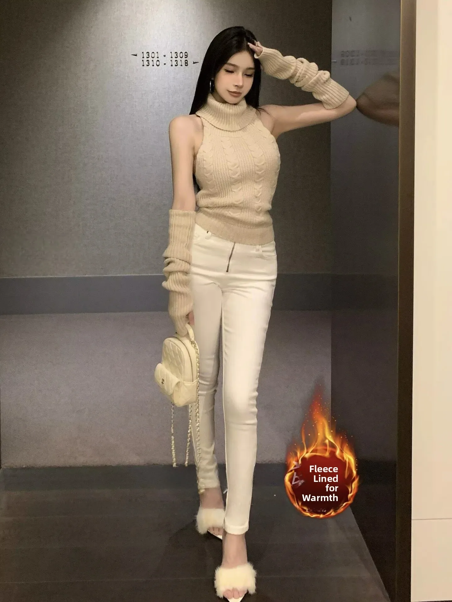 

Autumn Winter High Waist Slim Fit Fce Lined Denim Jeans Women's Design Sense Plump Hip Ankle Length Pants Casual Sle