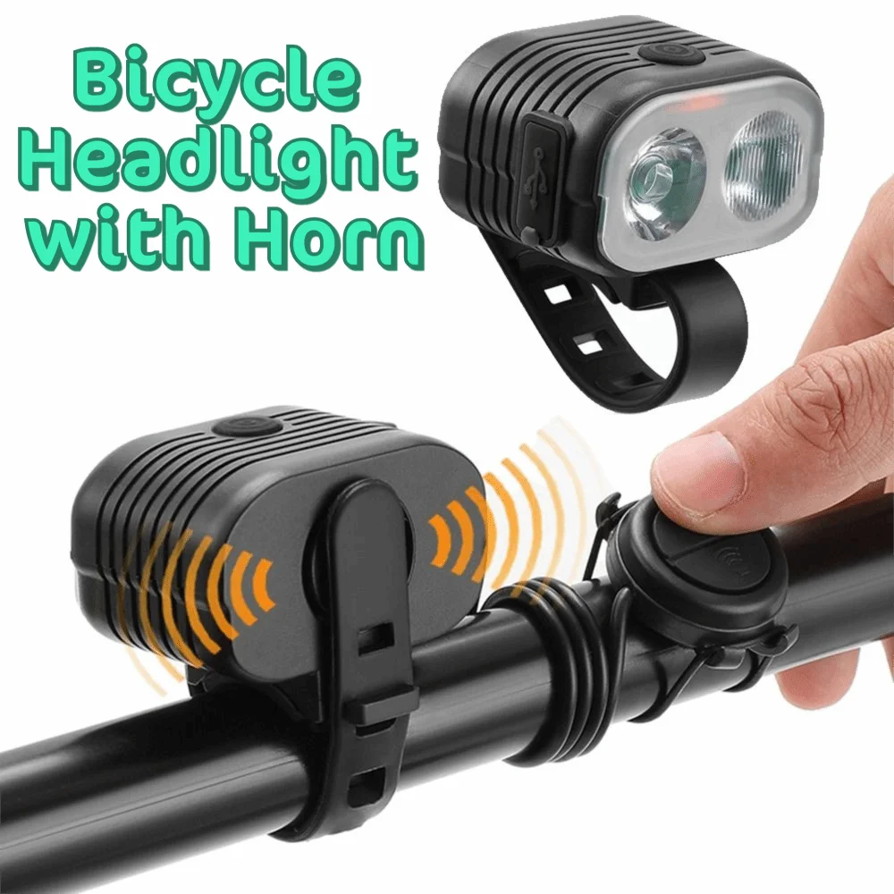 Dual Light Source Bicycle LED Headlight 2-in-1 Waterproof Bike Headlight Horn 6 Modes Super Bright