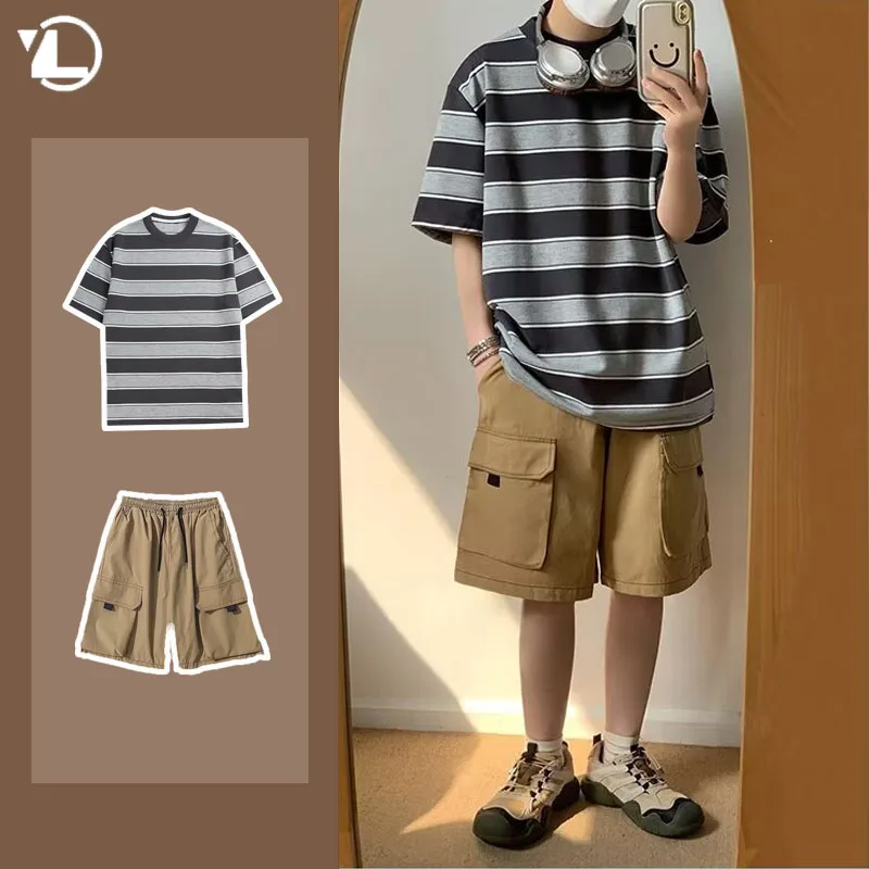 2024 Summer College Casual Set Mens Contrast Striped Round Neck Top+Multi Pocket Tooling Shorts 2-pcs Set Japanese Couple Suit