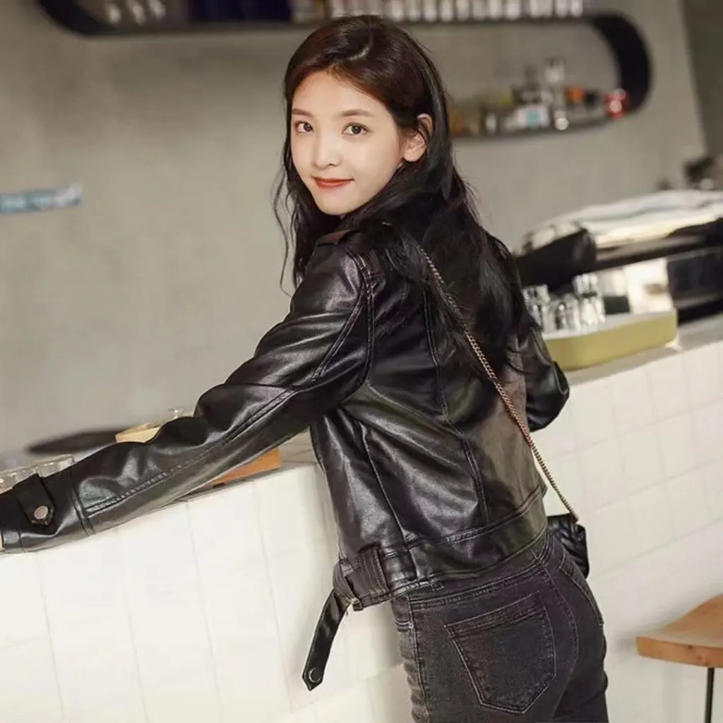 

Women's Slim-fit Leather Jacket Korean Style Short Motorcycle Lapel New Spring Autumn Ins Style