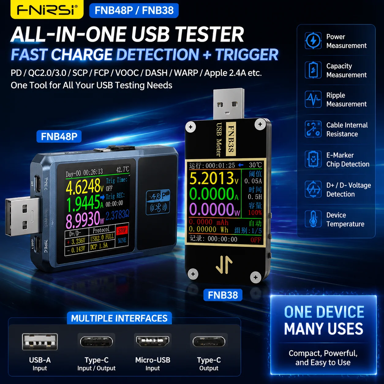 FNIRSI FNB48P FNB38 USB Tester Digital Voltmeter Ammeter PD QC Fast Charge Protocol Voltage Current Capacity Power Meter