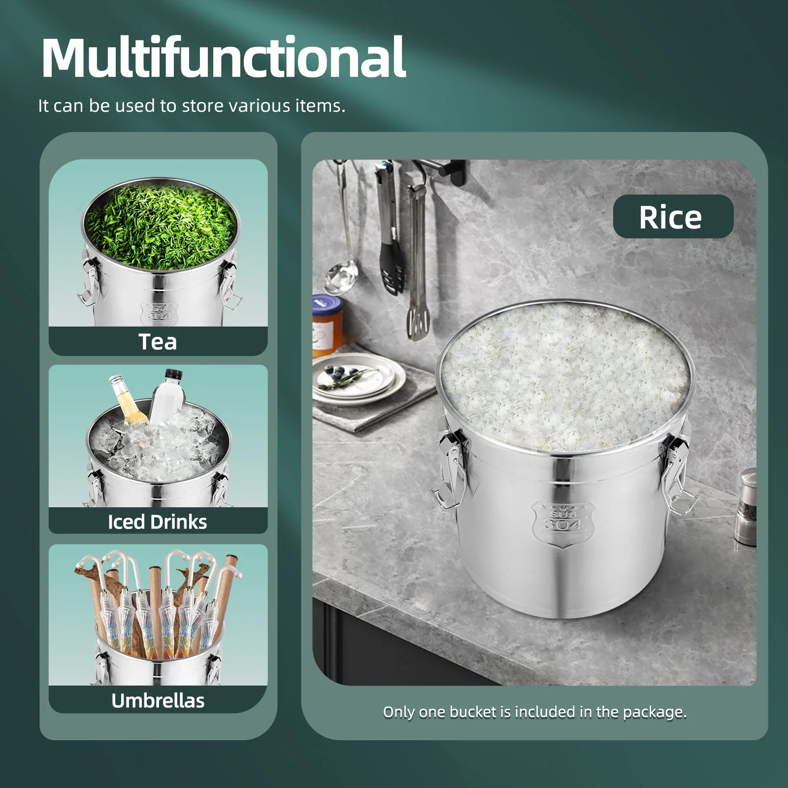 33L/22L Stainless Steel Rice Storage Container 3-Lock Sealing Rice Bin Food Grade Airtight Kitchen Bucket for Rice/Flour