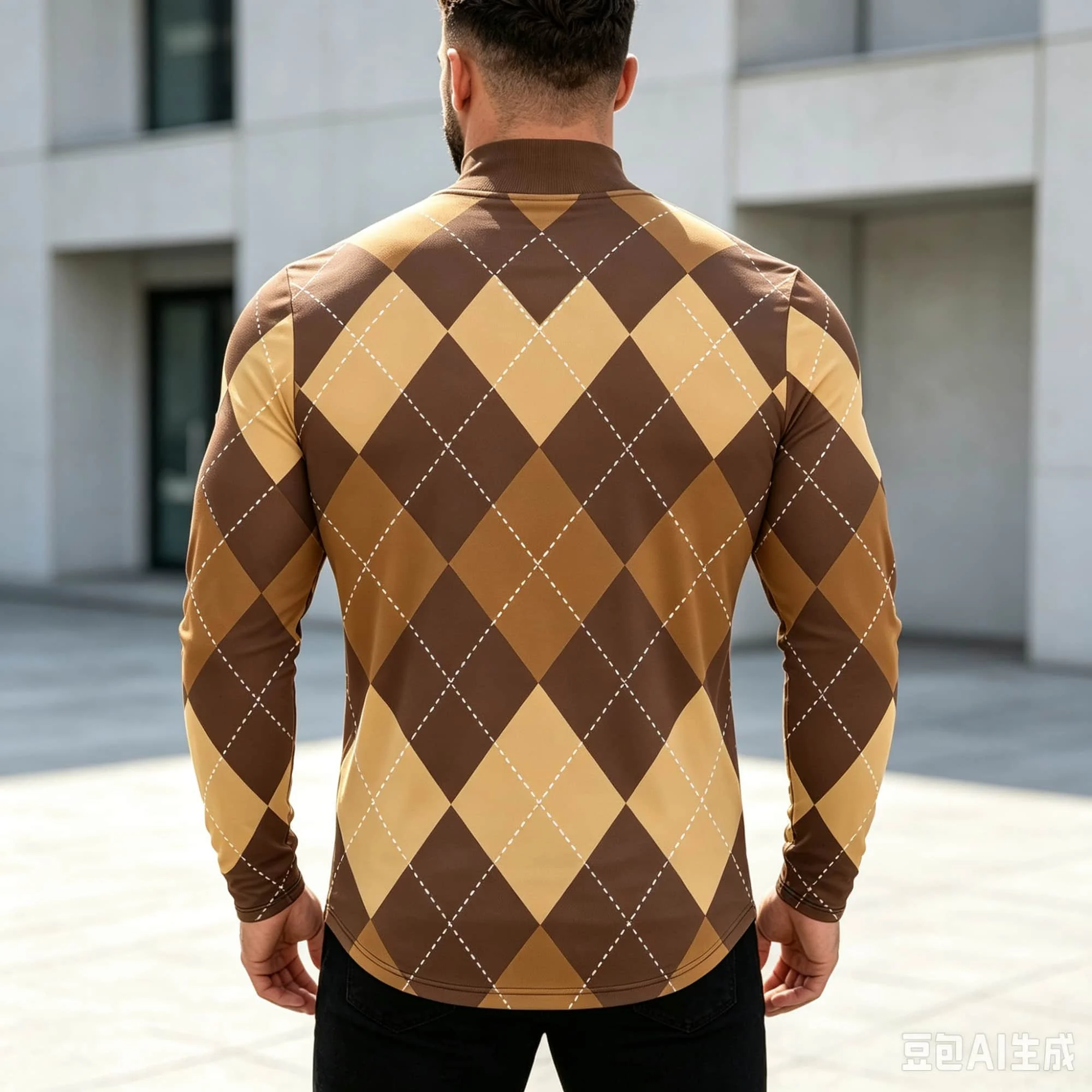 Men Retro Preppy Style Long Sleeve Shirt Classic Argyle Check Pattern Mock Neck Pullover Daily Street Outfit