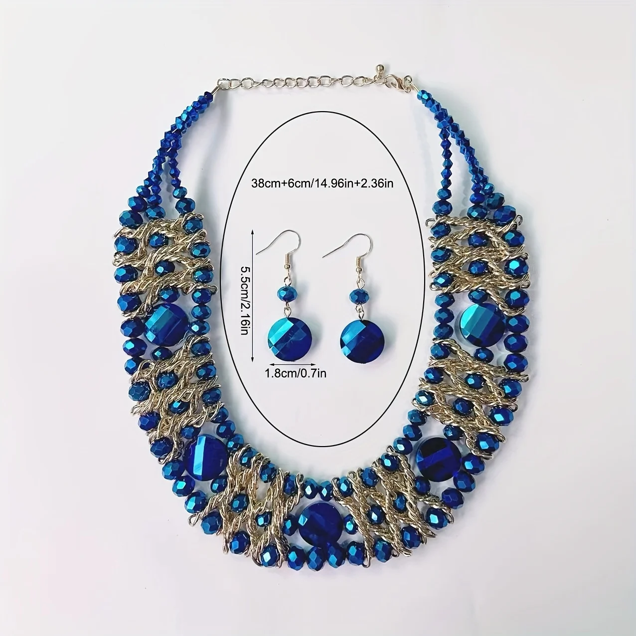 Bohemian Style Handcrafted 3-Row Blue Crystal Beaded Necklace and Earrings Set,  Versatile for Daily Wear and Gift-Giving