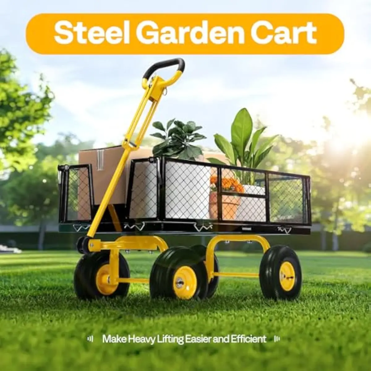 Heavy Duty Steel Utility Wagon with 900 Lb Capacity • 4.5 Cu Ft Rust Resistant Iron Bed • 10 Inch Pneumatic Tires • 2 in 1 Rotat