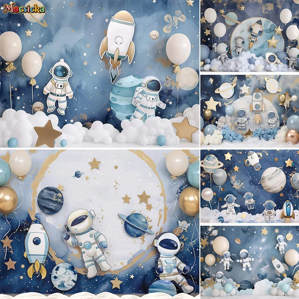 

Mocsicka Astronaut Boy Baby Show Backdrop Photography Stars Cloud Balloon Backdrop Kids 1st Birthday Cake Smash Photo Studio