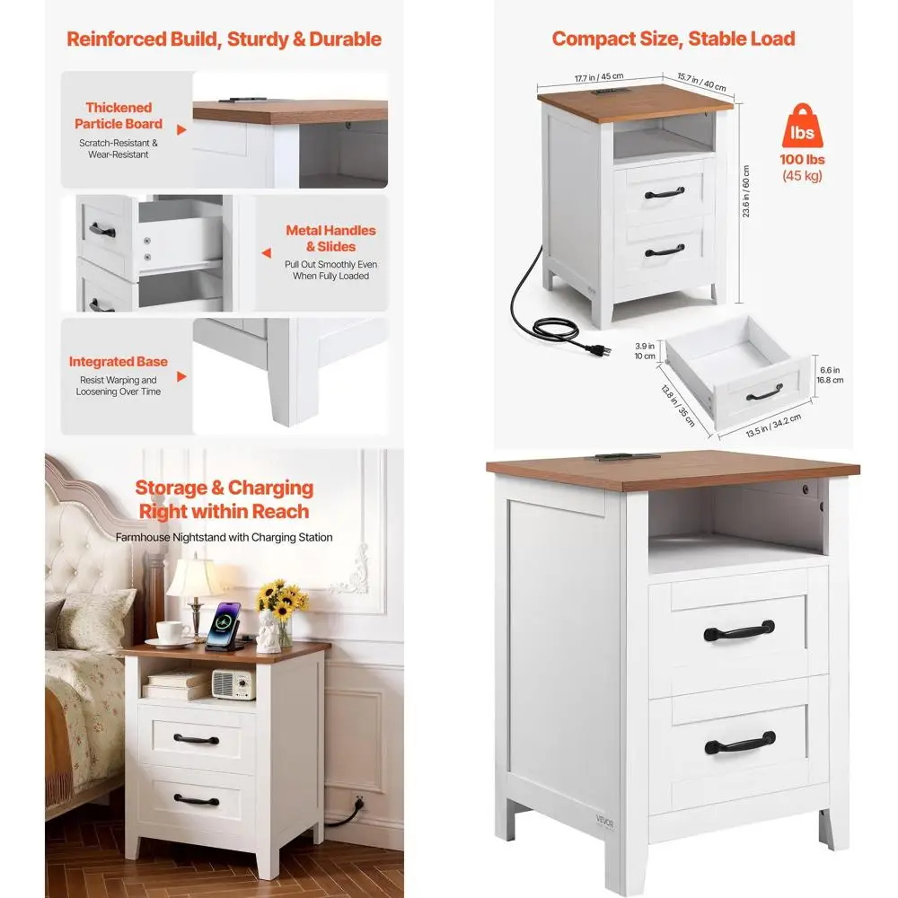 2-Piece Nightstand Set, 18 Wide Bed Side Table with Charging Station, Rustic End Table, 2 Drawers, Storage Shelf, USB/Type-C Por