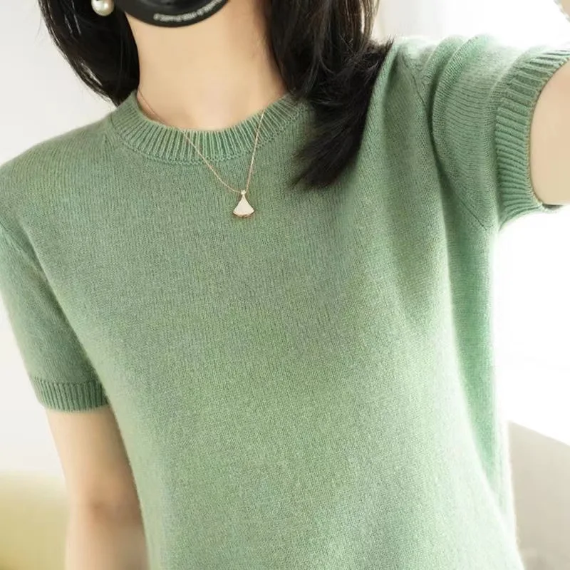 Short Sleeve T Shirt Women O Neck Wool Cotton Pullover Black Crop Top Spring Summer 2024 Streetwear Basic Knitted Sweater Tops