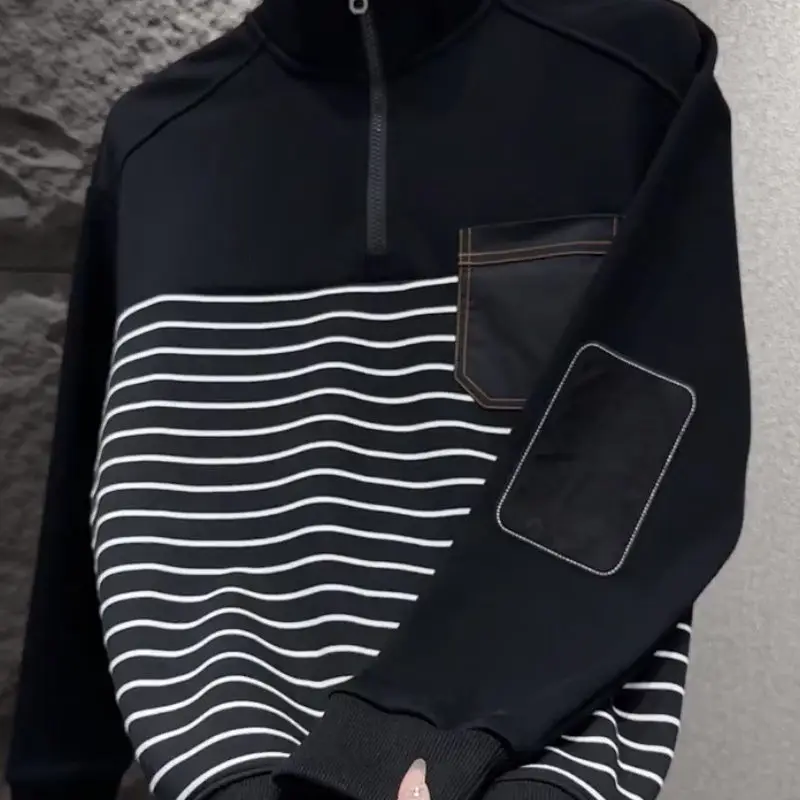 

Trend Fashion Autumn Winter Men Stand Half Zipper Striped Contrast Color Pockets Korean Long Sleeve Pullovers Sweatshirts Tops