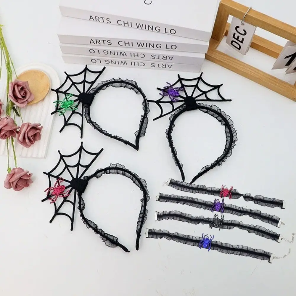 Personality Black Halloween Headband Mesh Hollow Hairband Necklace Set Ruffles Cosplay Props Spider Web Hairband Girl