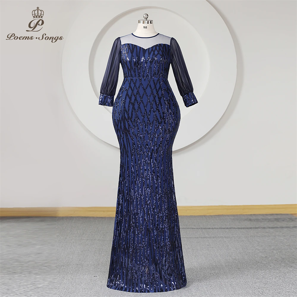 Royal Blue Sequins Trumpet Evening Dress Long Sleeves Mermaid Sheer Neck Plus Size Women Prom Dresses Party Formal Maxi dress