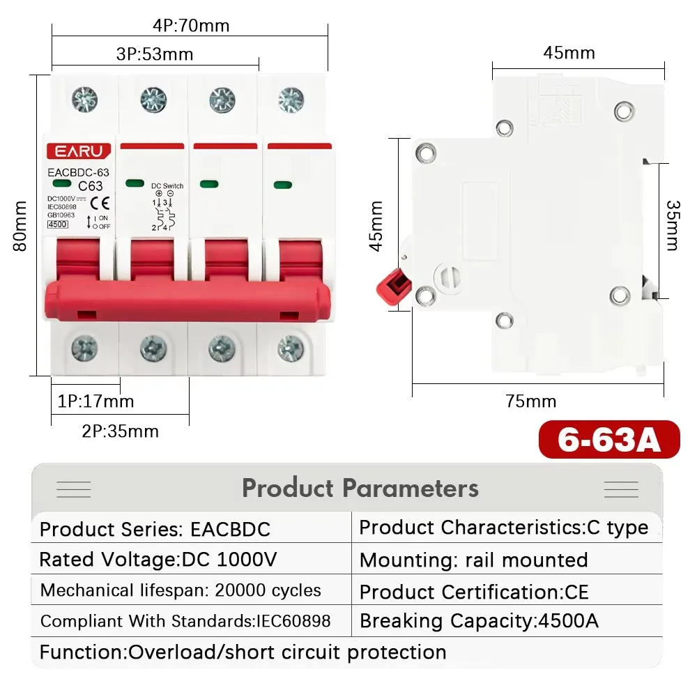 DC 1000V 1P 2P 3P 4P Solar Mini Circuit Breaker Overload Protection Switch6A~63A/80A 100A 125A MCB for Photovoltaic PV System