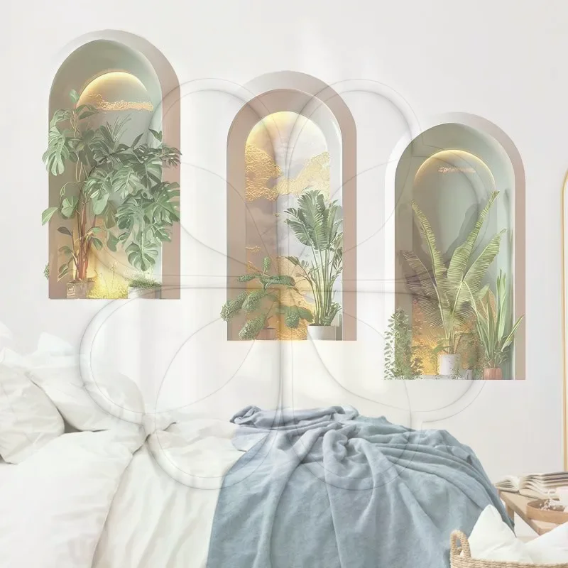 3Pcs Realistic Simulated Green Plant Potted Wall Decals Peel & Stick Removable Stickers for Living Room Sofa Backdrop