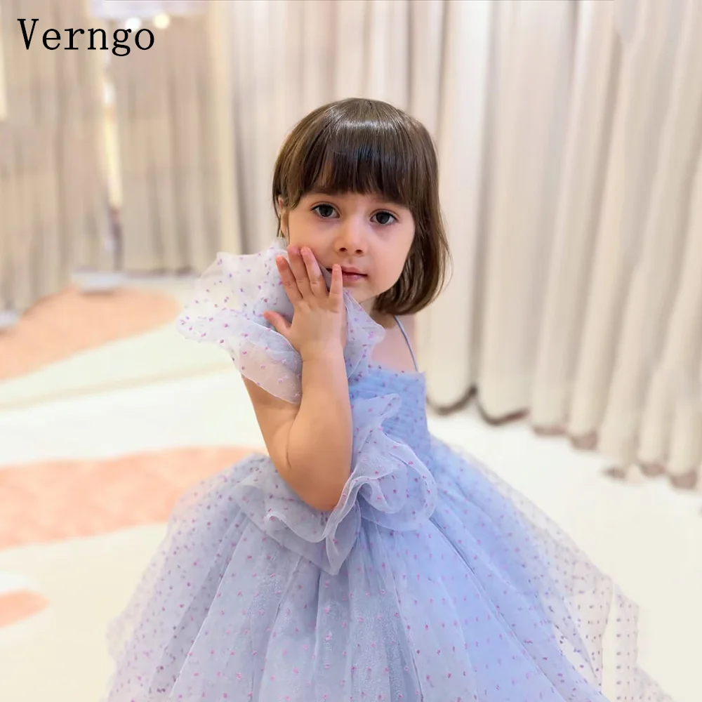 

Verngo Blue Tulle Dot Birthday Party Dress One Shoulder A Line Ball Gown Kid Flowers Dress Elegant Princess Kid Gown Customized