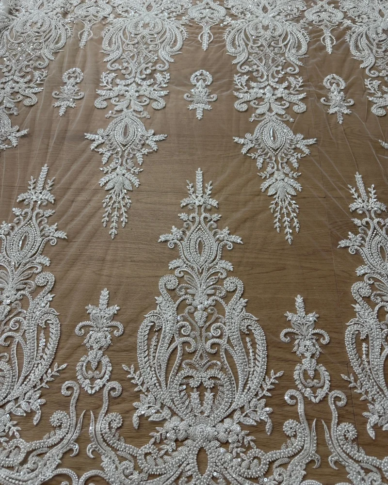 Gorgeous Heavy Beads High Quality Beaded Sequins Pearls white lace fabric embroidered for wedding dresses Sell By  Yard