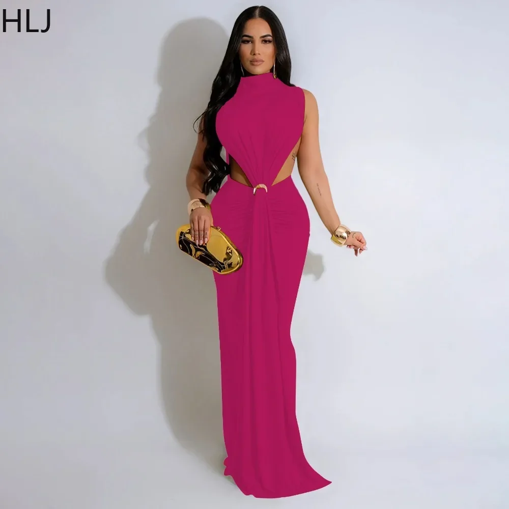 HLJ Elegant Long Maxi Dress Womens Turtleneck Ruched Side Hollow Bodycon Evening Party Dress Female Formal Solid color Vestidos