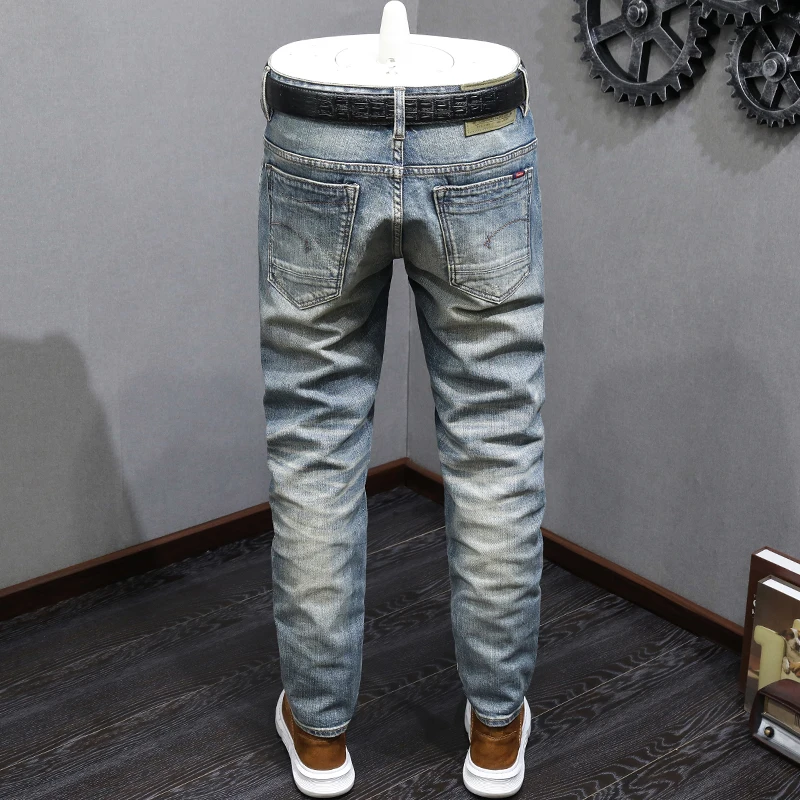 Fashion Designer High Quality Men Jeans Retro Light Blue Slim Fit Ripped Jeans Men Elastic Denim Trousers Vintage Pants Hombre