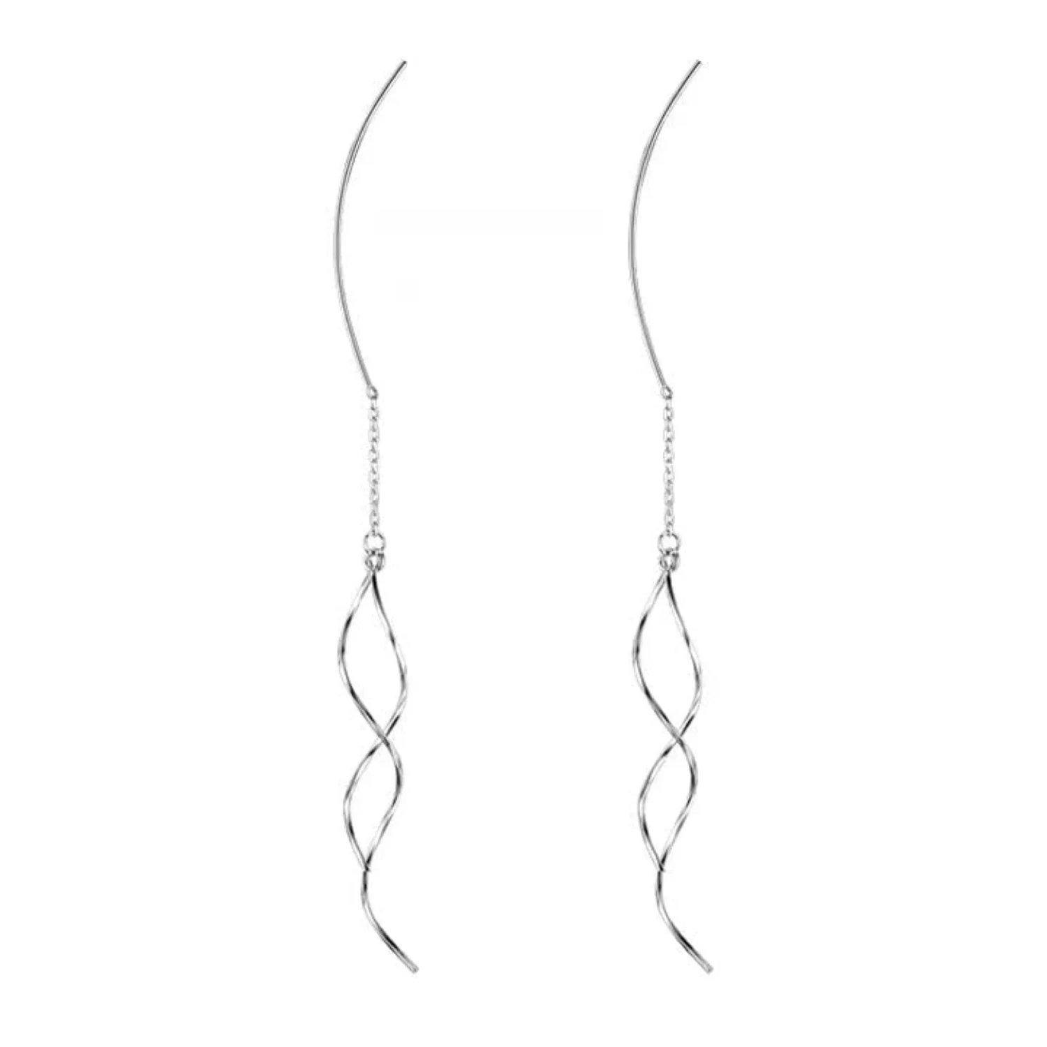 Fashionable 925 Silver Earrings, Long Threader Twisted Linear Curved Dangle Drop Earrings, Hypoallergenic Threader Twist